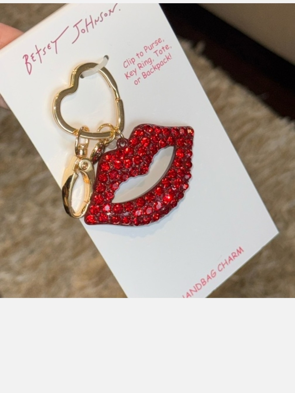 Betsey Johnson Red Crystal Lip Handbag Charm Keychain New - Picture 3 of 5
